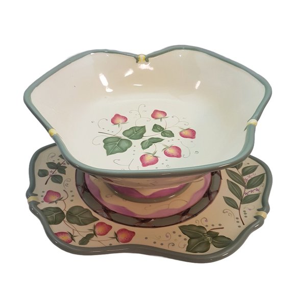 Set of 2 PARTYLITE Garden Lites Strawberry Pedestal Bowl and Plate P8095, P8096 - Picture 1 of 16